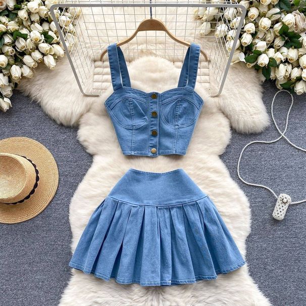 Women's Clothing Retro Hot Girl Style Suit Short Camisole Versatile Mini Skirt Denim Two Piece Suit_mkmklike.com