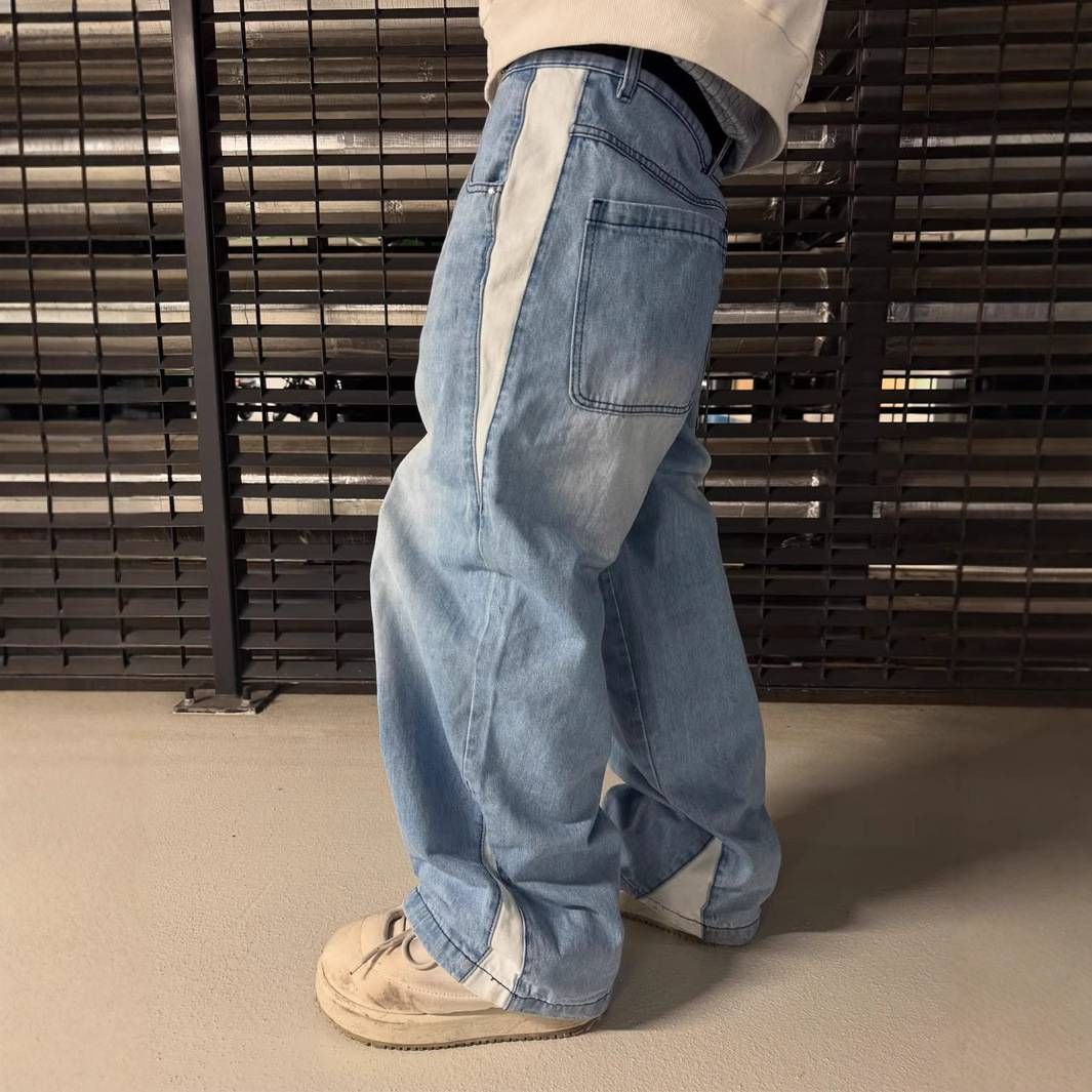 Men's Clothing New Style Splicing Spring And Summer Trend High Street Retro Washed Distressed Light Blue Slim Wide Leg Denim Men's Pants_mkmklike.com