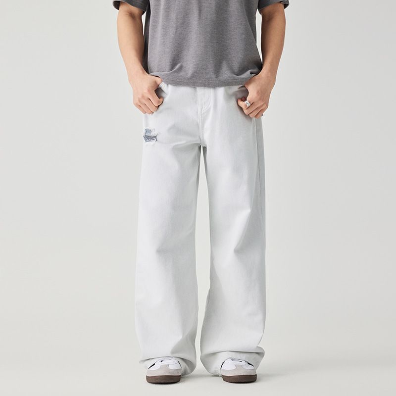 Men's Summer Comfortable Soft Double Yarn Gray Jeans Ripped Design Trendy High End Versatile Flowy Wide Leg Mid Waist Cotton Pants_mkmklike.com