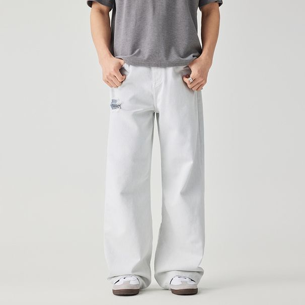 Men's Summer Comfortable Soft Double Yarn Gray Jeans Ripped Design Trendy High End Versatile Flowy Wide Leg Mid Waist Cotton Pants_mkmklike.com