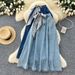 Korean Style Retro Silk Scarf Denim Midi Skirt For Women High Waisted Slimming A-Line Long Skirt Spring Commuting Hong Kong Style_mkmklike.com