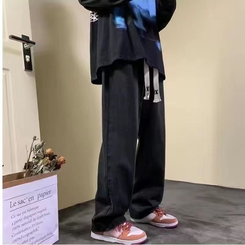 Men's American Style High Street Elastic Waist Jeans Trendy Loose Straight Leg Casual Wide Leg_mkmklike.com