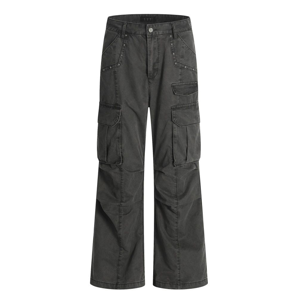 American Style Vibe Design Multi-Pocket Cargo Men's Street Fashion Deconstructed Wrinkled Washed Denim Flared Pants_mkmklike.com