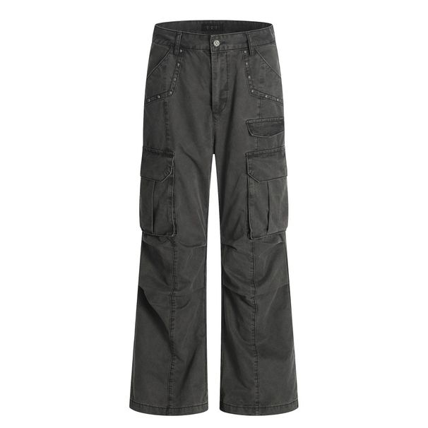 American Style Vibe Design Multi-Pocket Cargo Men's Street Fashion Deconstructed Wrinkled Washed Denim Flared Pants_mkmklike.com