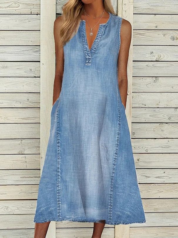 ELLE European And American Summer New Solid Color Sleeveless V-Neck Casual Denim Dress_mkmklike.com
