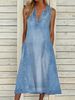 ELLE European And American Summer New Solid Color Sleeveless V-Neck Casual Denim Dress_mkmklike.com