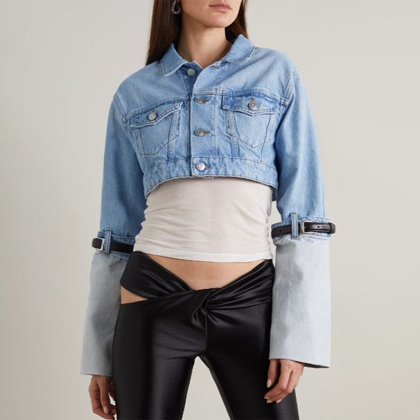 Women's Casual Fashion Short Denim Jacket Color Block Belted Baseball Jacket Indigo Blue Solid_mkmklike.com
