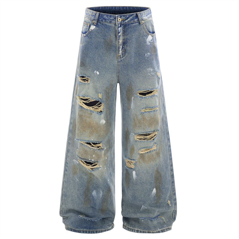 Post-apocalyptic Beggar Style Ripped Dirty Wide-Leg Jeans For Men Street Fashion Ink-Splattered Vintage Washed Loose_mkmklike.com
