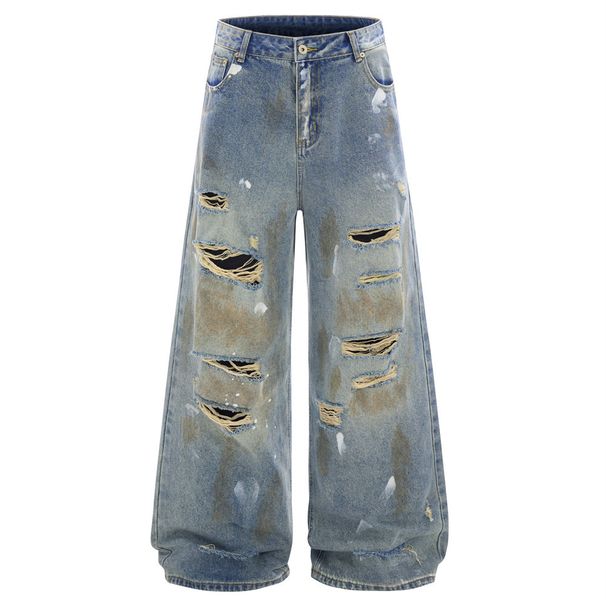Post-apocalyptic Beggar Style Ripped Dirty Wide-Leg Jeans For Men Street Fashion Ink-Splattered Vintage Washed Loose_mkmklike.com