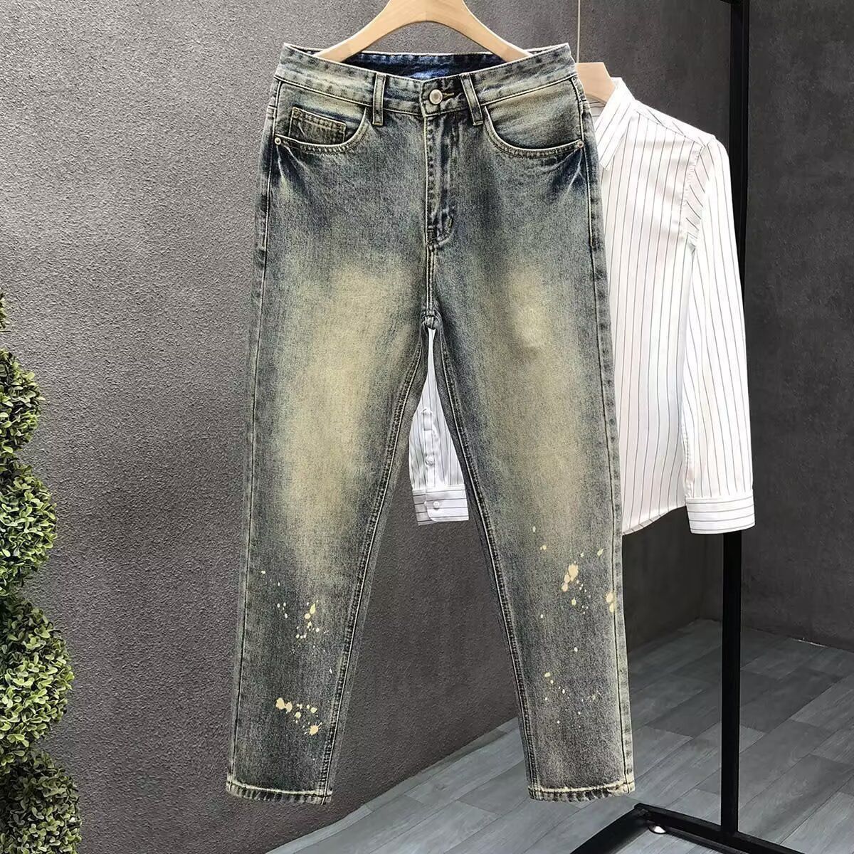 Men's Washed Denim Jeans – Classic Straight-Leg High Street Pants For Casual & Urban Wear (Blue)_mkmklike.com