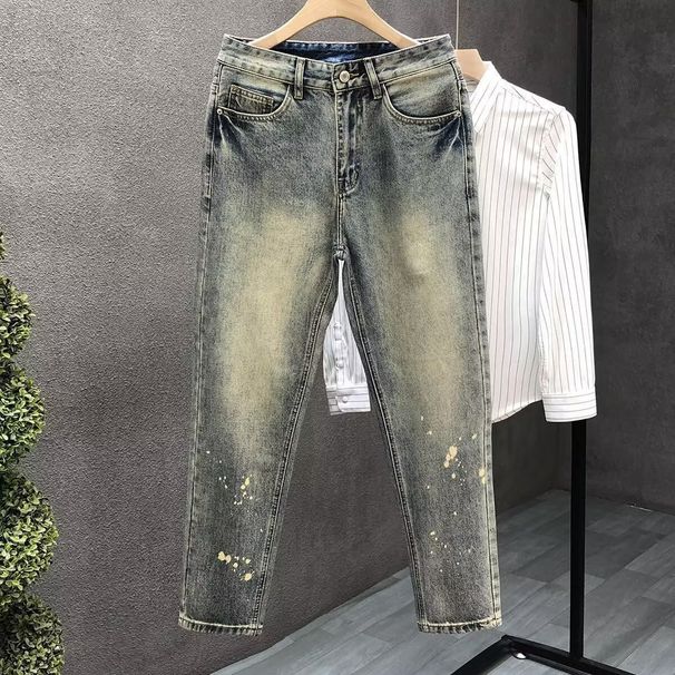 Men's Washed Denim Jeans – Classic Straight-Leg High Street Pants For Casual & Urban Wear (Blue)_mkmklike.com