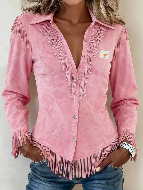 Women's Pink Faux Suede Fringe Shirt, Long Sleeve Button Down Western Cowboy Blouse, V Neck Slim Fit Casual Top For Daily Wear, Party, Country Style O_mkmklike.com