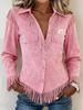 Women's Pink Faux Suede Fringe Shirt, Long Sleeve Button Down Western Cowboy Blouse, V Neck Slim Fit Casual Top For Daily Wear, Party, Country Style O_mkmklike.com