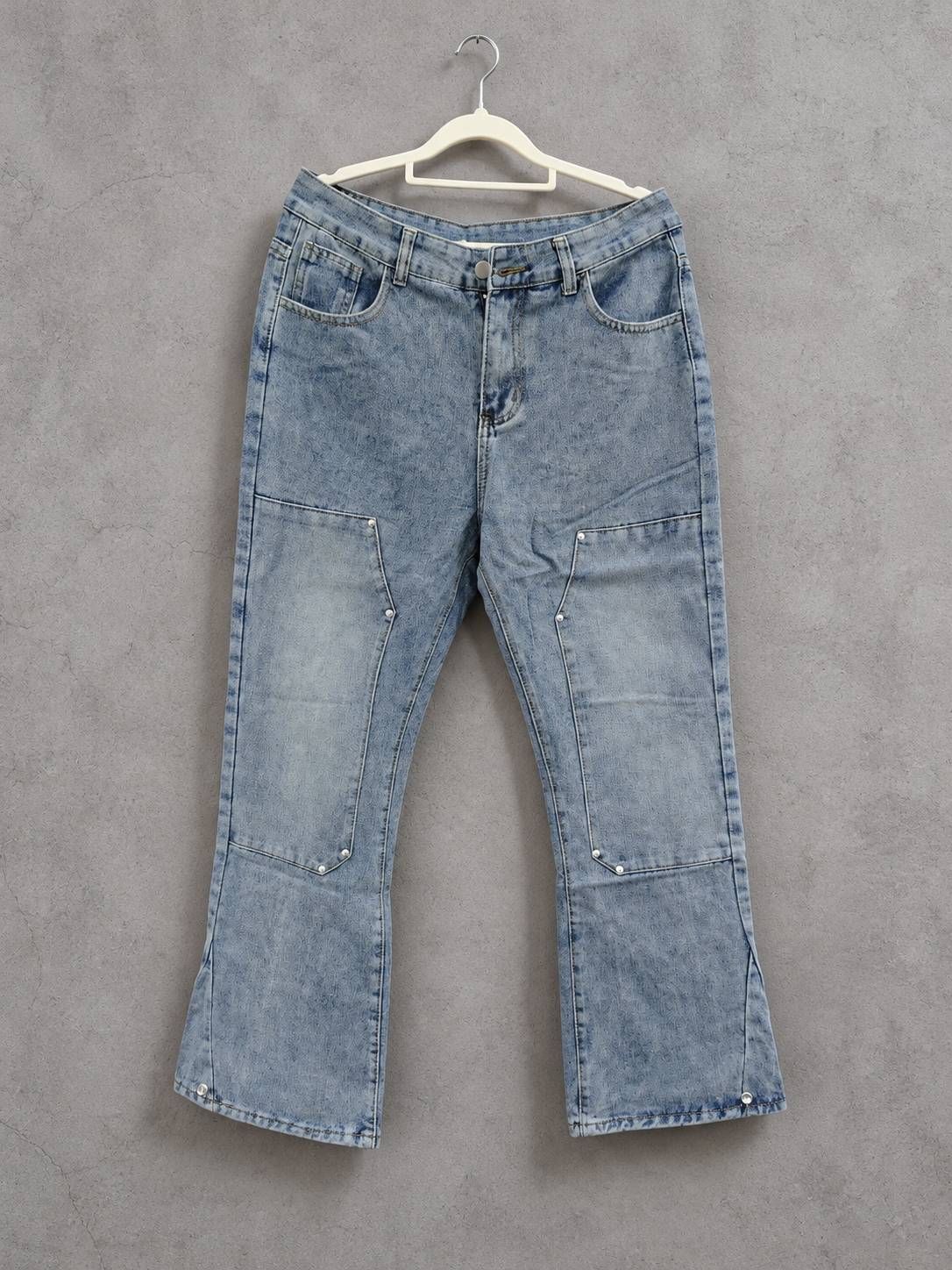 Men's Clothing High Street Jeans, Washed And Distressed Light Blue, Logging Workwear Style, Men's Street Vintage Casual Pants_mkmklike.com