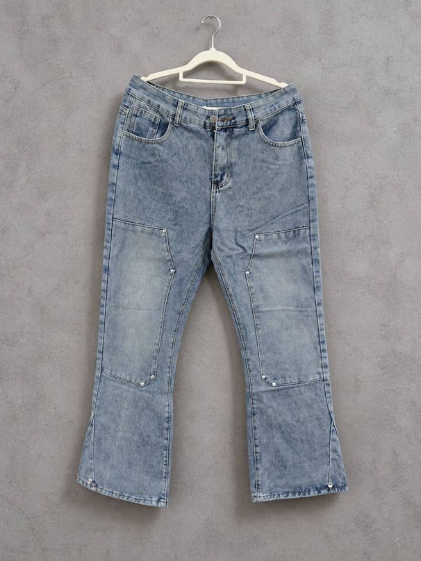 Men's Clothing High Street Jeans, Washed And Distressed Light Blue, Logging Workwear Style, Men's Street Vintage Casual Pants_mkmklike.com
