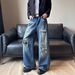 Vintage Washed Denim Jeans – Distressed Patchwork & Wide-Leg Fit (S-XXXL) | 90s Retro Streetwear For Men & Women_mkmklike.com