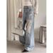 "Women's Relaxed Fit Distressed Straight Leg Jeans – High Waist Wide Leg Pants With Ripped Details For Casual & Streetwear"_mkmklike.com