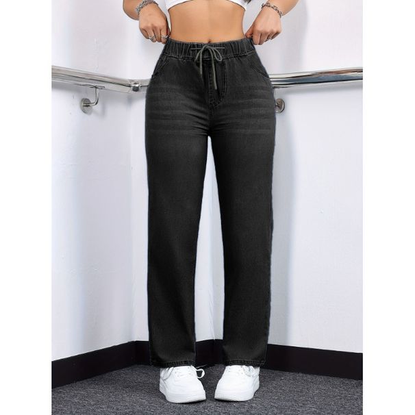 Women's Stretch Washed Denim Straight Leg Jeans With Drawstring Waist - Comfortable Casual Blue Jeans For Everyday Wear_mkmklike.com