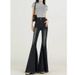 Petite High-waisted Fishtail Slim-fit Black-grey Jeans, Sexy Elastic Retro Frayed Hem Slimming Flared Pants_mkmklike.com