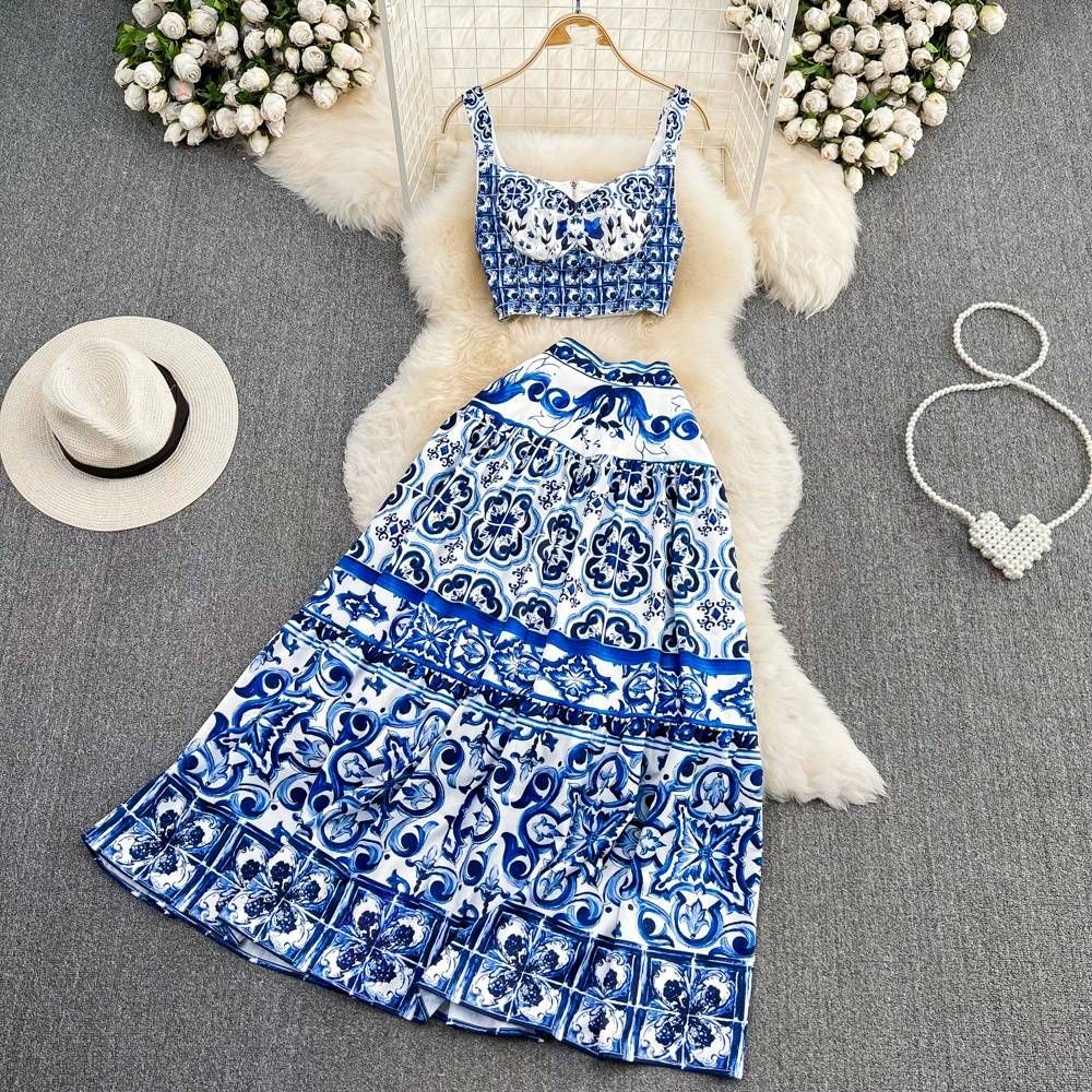 Women's Clothing Casual Celadon Print Camisole Two piece Set High Waist Slim A Line Swing Skirt Summer_mkmklike.com