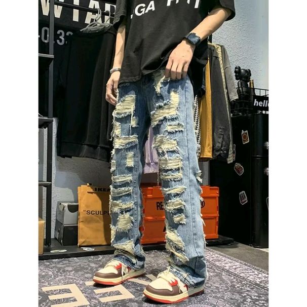 Men's Clothing Fashion Retro Heavy Industry Damage Erosion Patch Design Sense Jeans High Street Hole Cleanfit Pants_mkmklike.com