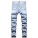 Men's Slim Fit Stretch Ripped Jeans - Classic Blue Distressed Denim Pants With Elastic Waist & Tapered Leg_mkmklike.com