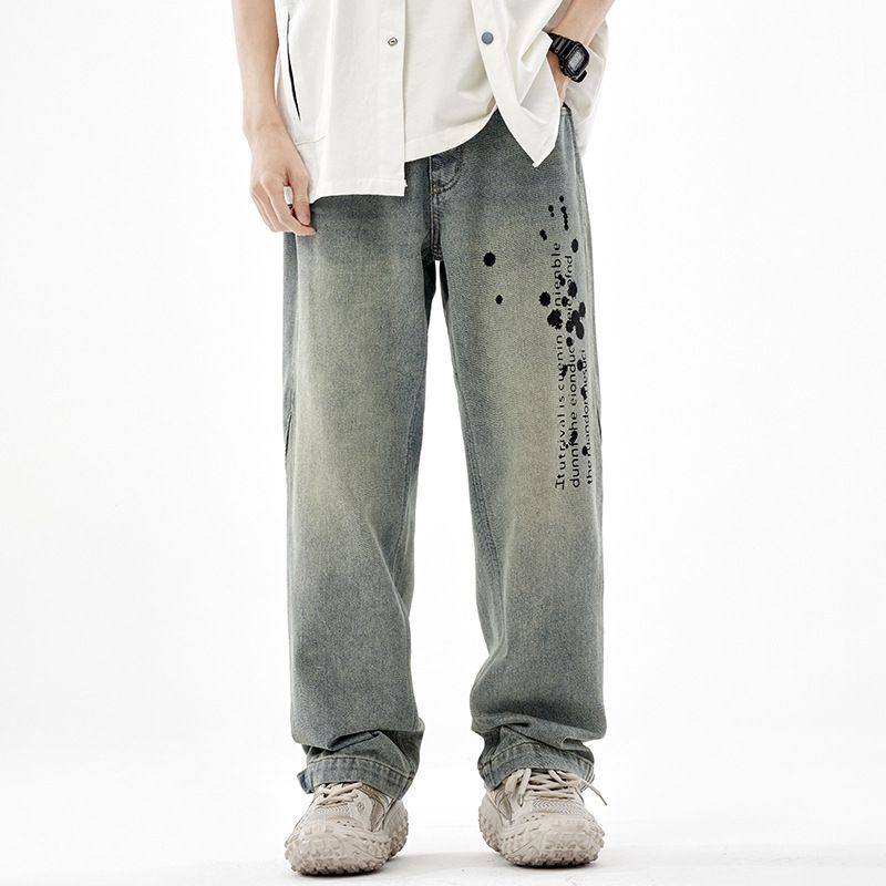 Men's Clothing Printed Jeans Men's New American High Street Retro Washed Nostalgic Loose Straight Trousers Street Fashion Trousers_mkmklike.com