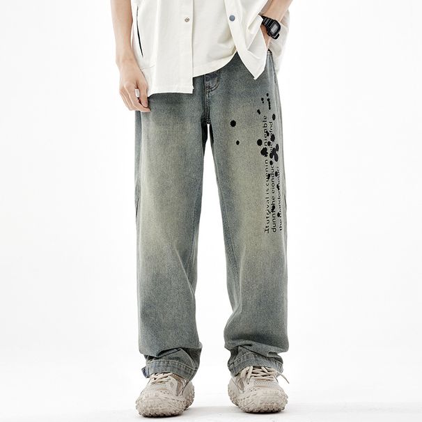 Men's Clothing Printed Jeans Men's New American High Street Retro Washed Nostalgic Loose Straight Trousers Street Fashion Trousers_mkmklike.com