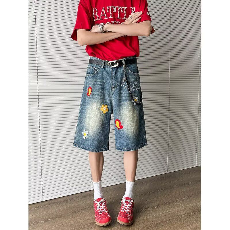 Men's Clothing Floral Embroidery Design Denim Shorts For Men SummerRetro Patch Shorts Trendy Straight Wide Leg Pants_mkmklike.com