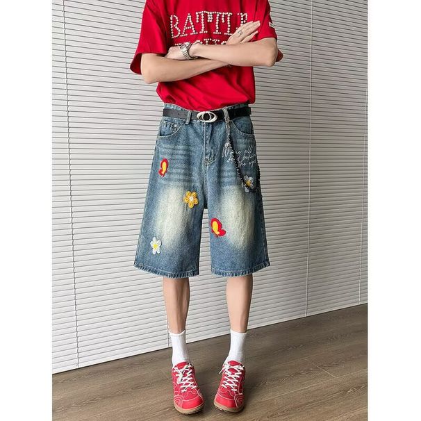 Men's Clothing Floral Embroidery Design Denim Shorts For Men SummerRetro Patch Shorts Trendy Straight Wide Leg Pants_mkmklike.com