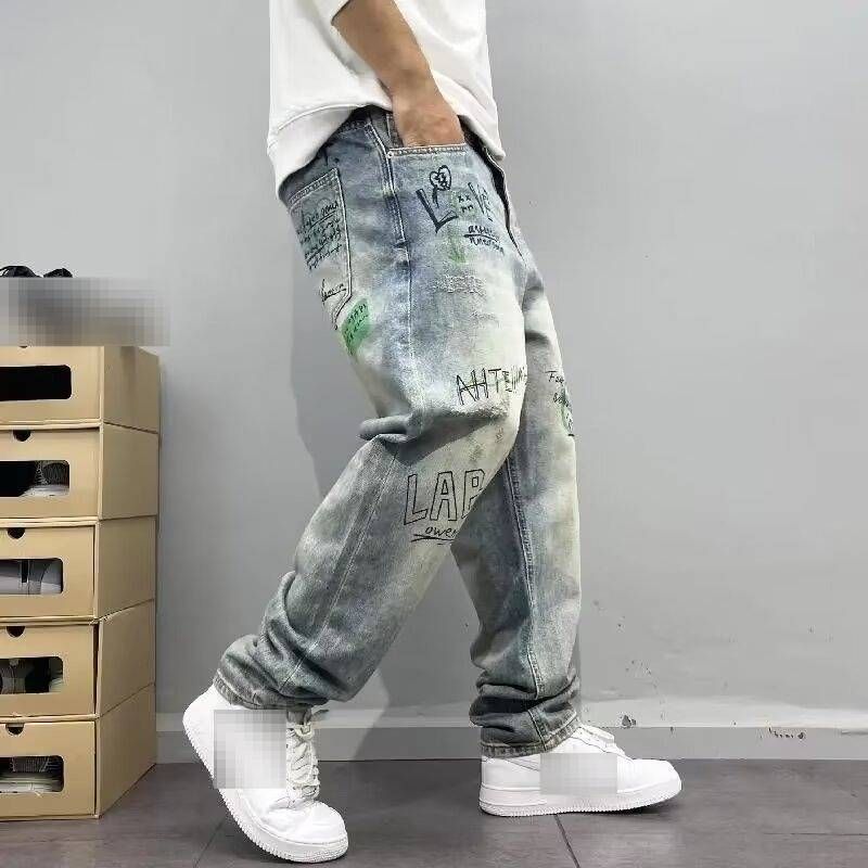 Men's Mid-Waist Straight Jeans Summer High Street Trendy Hip Hop Personalized Lettering Handsome Trousers Hong Kong Style_mkmklike.com