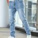 Men's Stretch Denim Jeans – Straight Leg High-Street Bike Pants (Light Blue, S-2xl, Cotton Blend, Low-Rise, Zip Fly, Washed Finish)_mkmklike.com
