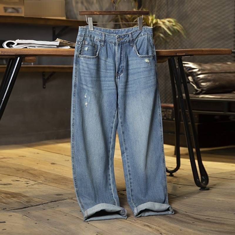 High-Waisted Straight Leg Jeans For Men Casual Loose Fit Wide Leg Trousers Trendy Spring Autumn_mkmklike.com
