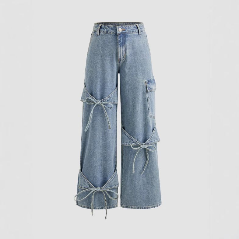 New 2025 Women's Fashion Blue Bow Baggy Y2k Cargo Jeans Harajuku Oversize Denim Pants For Women Mid Waist Casual Female Trousers_mkmklike.com