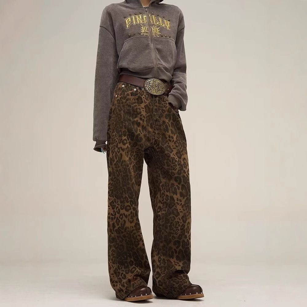 Men's Retro Leopard Print Cargo Jeans - High Waist Loose Fit Drop-Crotch Streetwear Pants For Casual & Hip-Hop Style_mkmklike.com