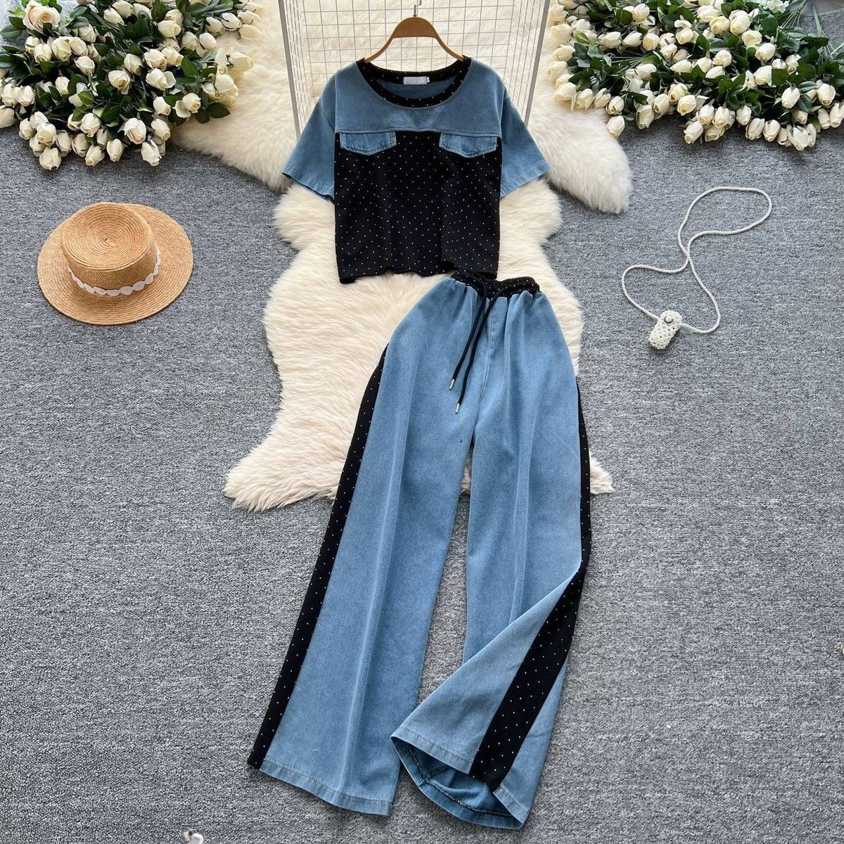 Women's Clothing Fashion Suit Summer Retro Short Sleeved Splicing Casual Tops High Waist Denim Wide Leg Pants Two Piece Suit_mkmklike.com