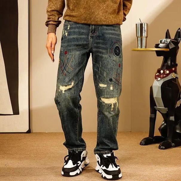 Men's Summer High-Waist Hip Hop Style Personalized Letter Print Jeans Handsome Trendy Streetwear Trousers_mkmklike.com