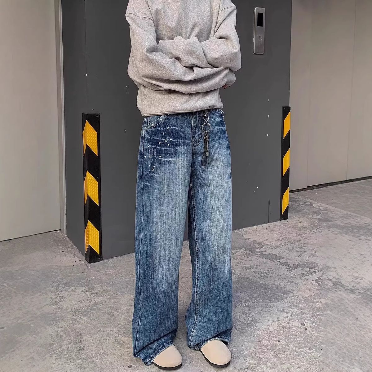 Men's Clothing Unisex Retro Studded Jeans High Street Style Loose Fit Straight Leg Casual Pants For Formal & Casual_mkmklike.com
