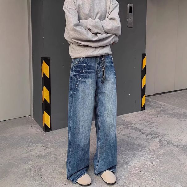 Men's Clothing Unisex Retro Studded Jeans High Street Style Loose Fit Straight Leg Casual Pants For Formal & Casual_mkmklike.com