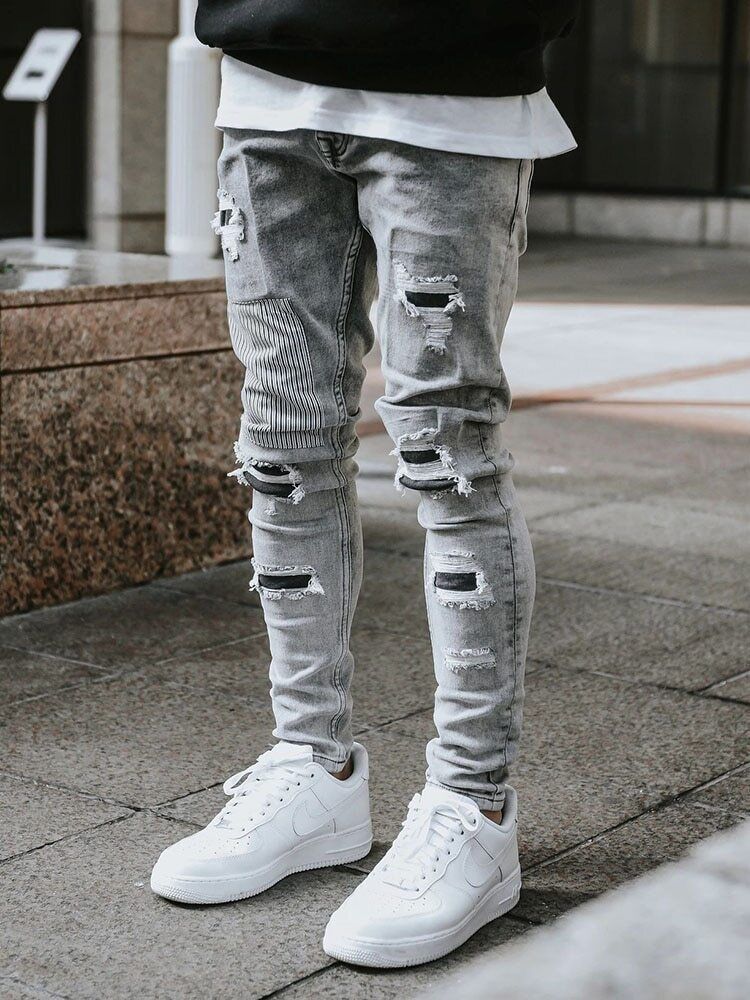 Men's Stacked Jeans Skinny Fit Stretch Patched Side Striped Straight Leg Denim Pants Foam_mkmklike.com
