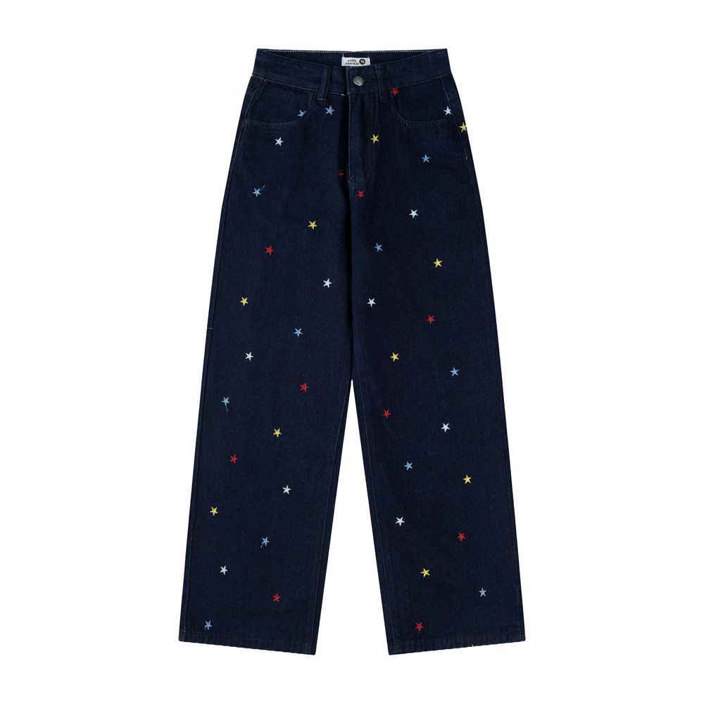 Starry Sky Denim Pants With Unique Embroidery Design, Washed And Faded, Loose Straight-Leg Trousers For Men, Trendy_mkmklike.com