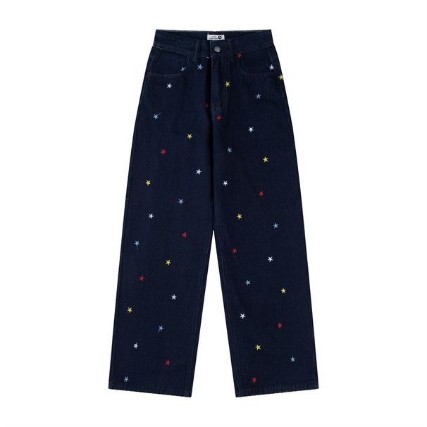 Starry Sky Denim Pants With Unique Embroidery Design, Washed And Faded, Loose Straight-Leg Trousers For Men, Trendy_mkmklike.com
