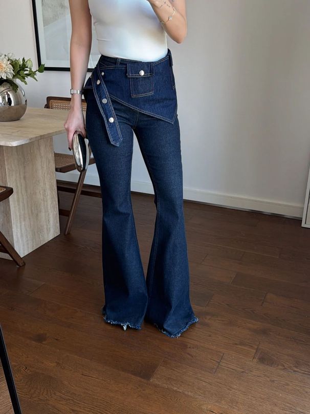 Women's Clothing American Style High-Waisted Flared Jeans For Women Faux Two-Piece Set Trendy Ins Hot Item Comfortable Fit Denim_mkmklike.com