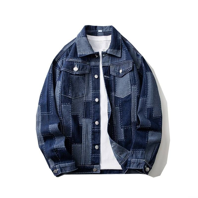 Men's Clothing Contrast Color Plaid Denim Jacket Handsome Tops Long Sleeve Lapel Jacket_mkmklike.com