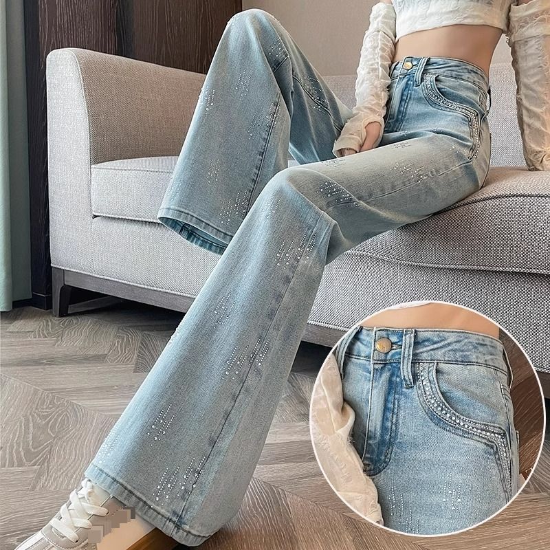 Hot Diamond Flared Jeans For Women 2025 Spring Wear High End Rhinestones Small Hot Girl Heavy Duty Horseshoe Flared Pants_mkmklike.com