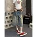 Vintage Washed Denim Capri Pants – High Street Wide-Leg Cropped Jeans For Women (Blue, S-4XL, Relaxed Fit, Stretch Comfort, Summer)_mkmklike.com