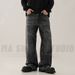 Men's Clothing High Street Lightning Pattern Washed Black And Gray Jeans Straight Slim Cleanfit Pants_mkmklike.com