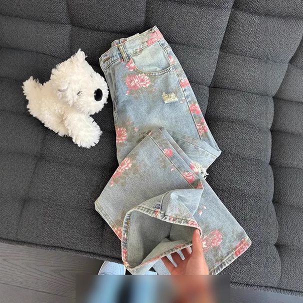 Floral Full Print Ripped Jeans For Men Summer Cool High End Slim Pants Cleanfit Loose Straight Pants_mkmklike.com