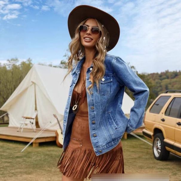 Women's Classic Lapel Denim Jacket Indigo Blue Retro Style Solid Workwear With Metal Buttons For Spring/Autumn_mkmklike.com