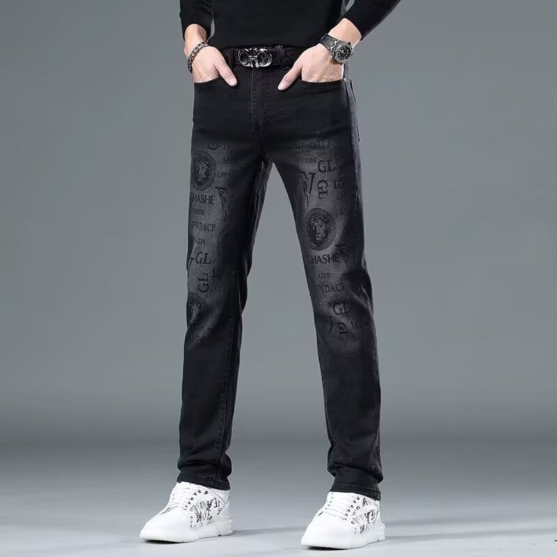 European And American Trendy Brand Black Printed Jeans For Men, 2025 Autumn Korean Style Slim Fit, Stretchy Casual Trousers._mkmklike.com